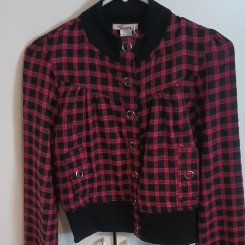 Y2K Plaid Women's Jacket - Black and Hot Pink Size Medium